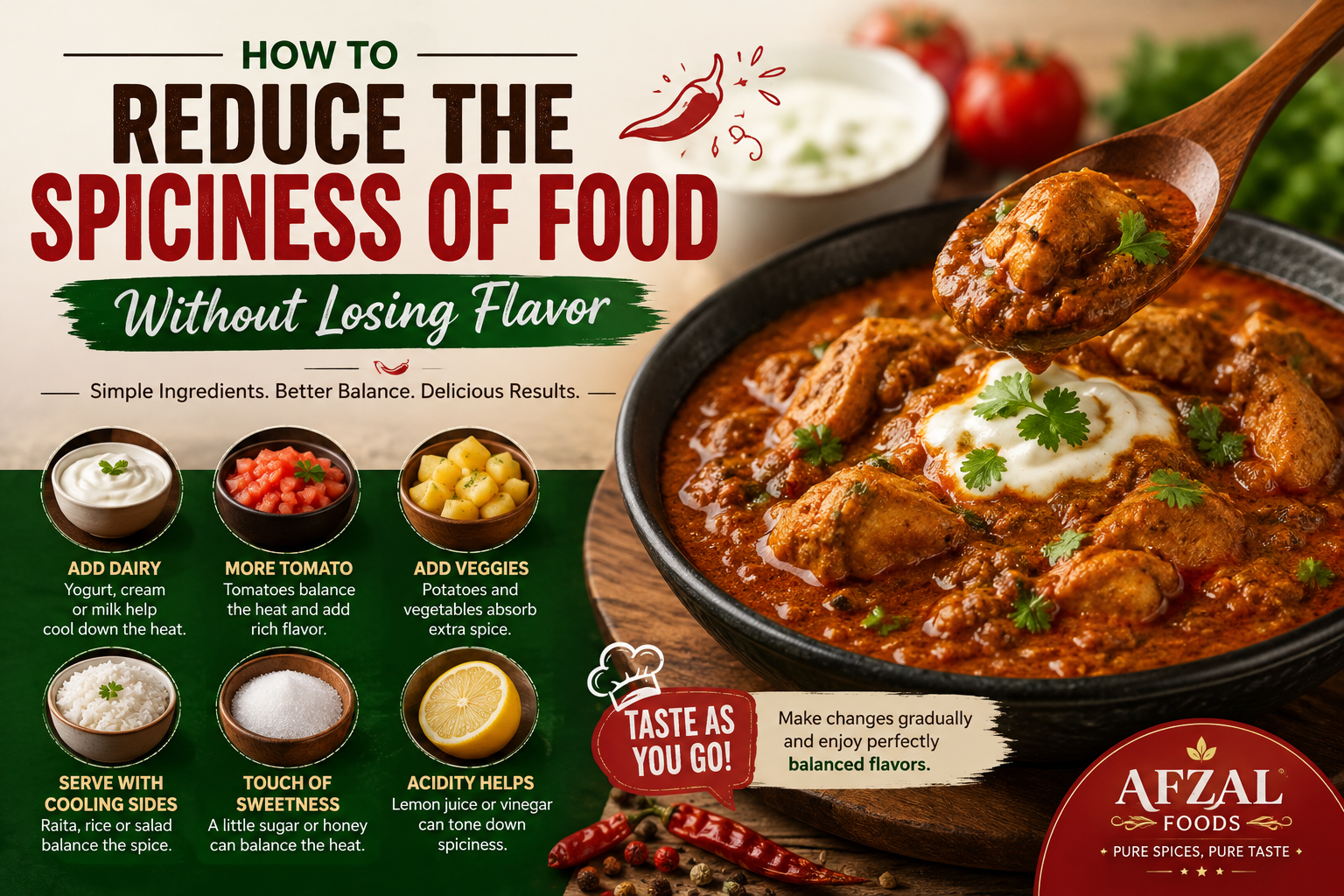 How to reduce the spiciness of food without losing flavor using yogurt, tomato, vegetables, cooling sides, sweetness, and acidity, featuring a spicy curry and Afzal Foods spices.