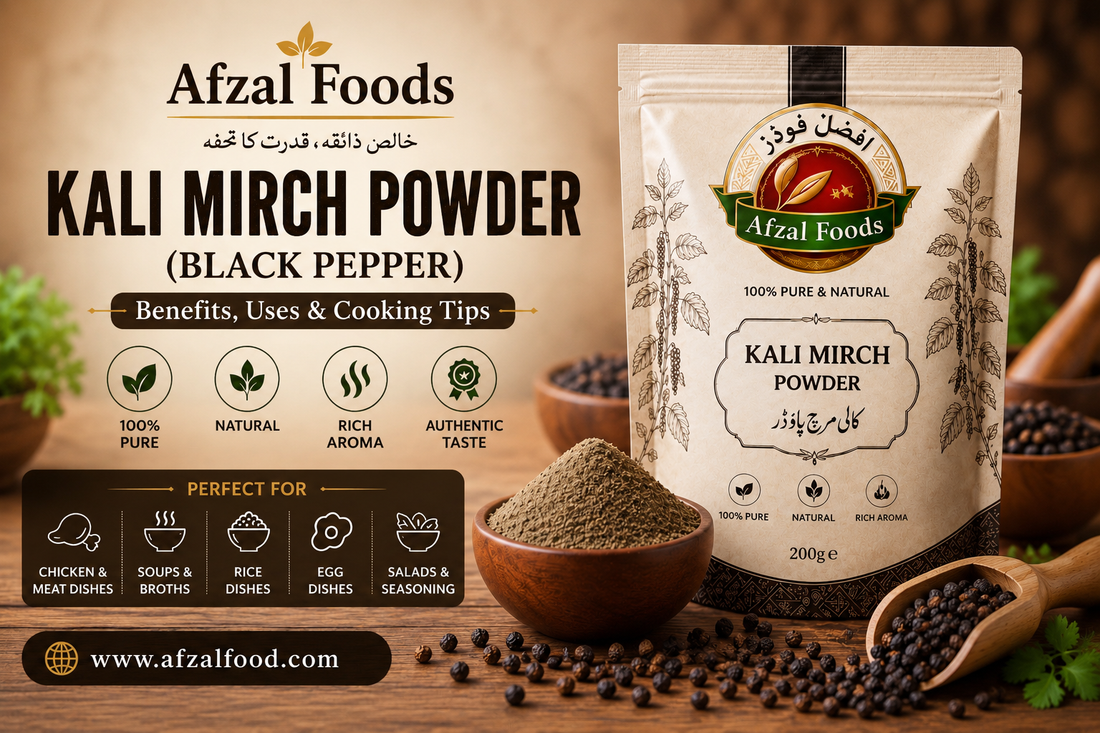 Premium Black Pepper Powder with cooking and health benefits by Afzal Foods