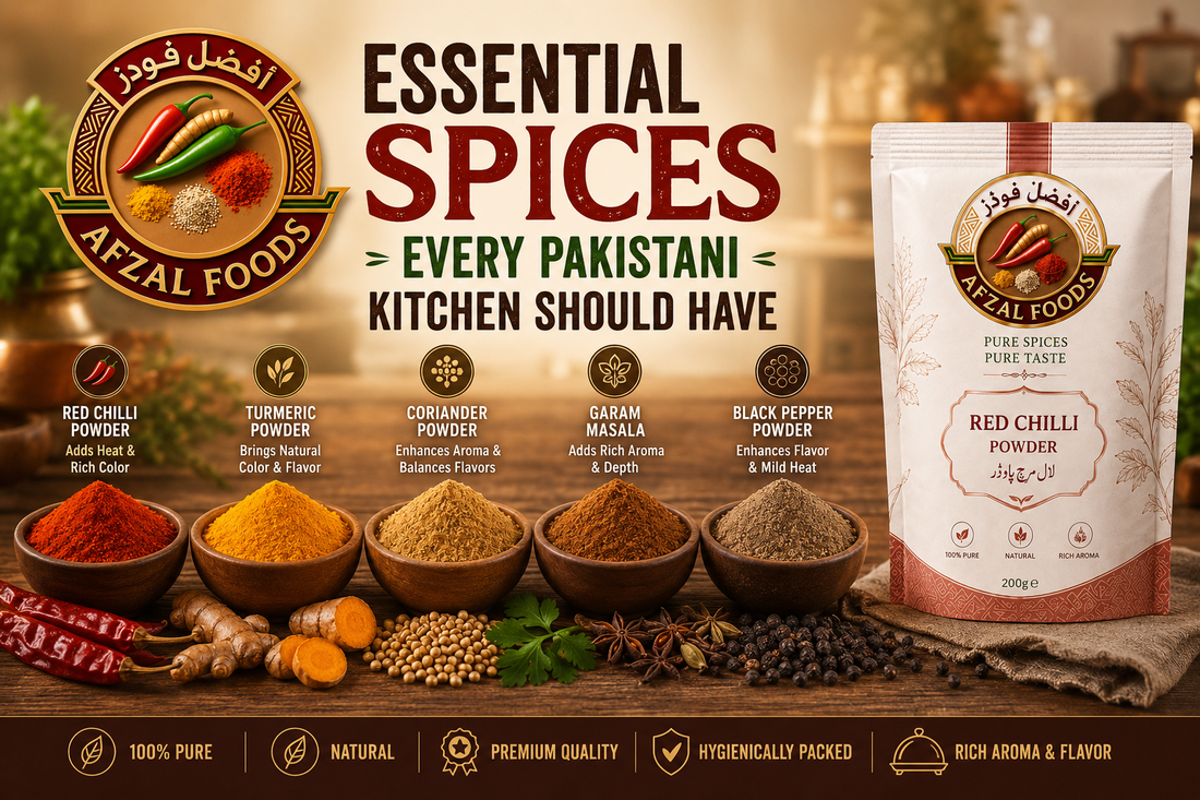 Essential Pakistani spices including turmeric, coriander, red chilli and garam masala