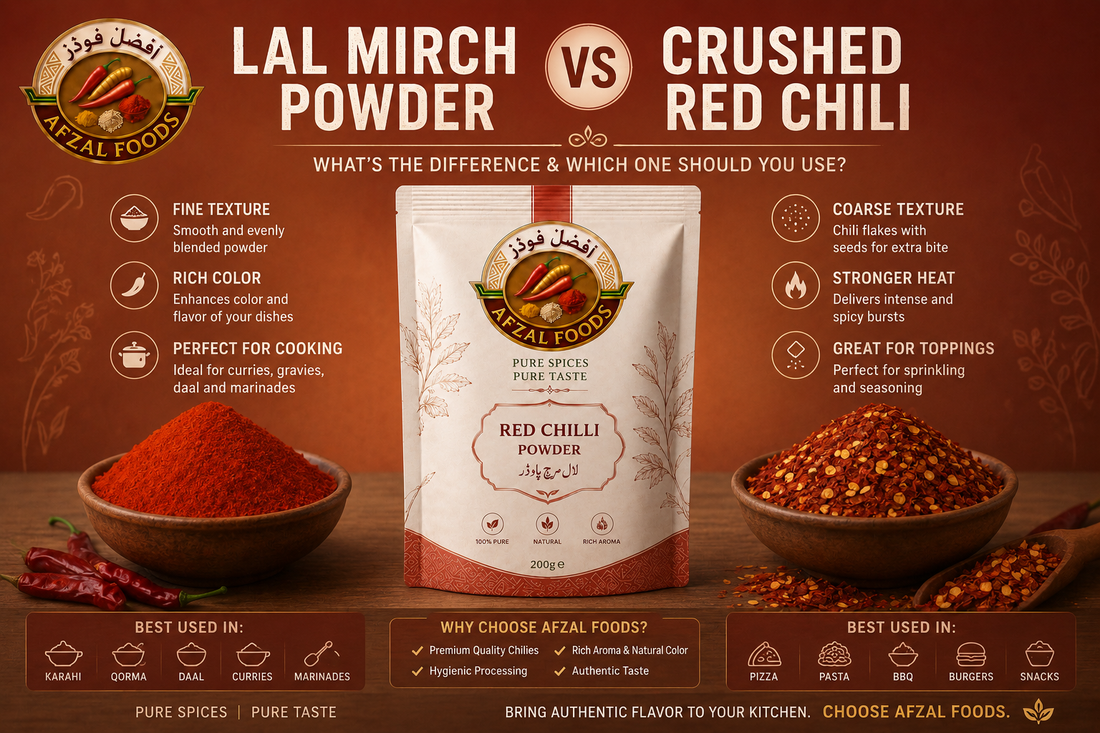 Difference between Lal Mirch Powder and Crushed Red Chilli explained by Afzal Foods