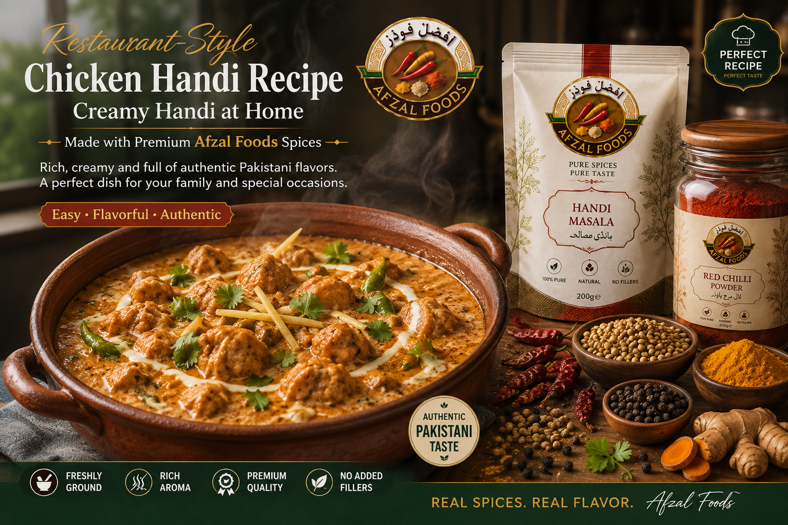 Restaurant-style creamy Chicken Handi Recipe made with Afzal Foods Handi Masala and premium Pakistani spices