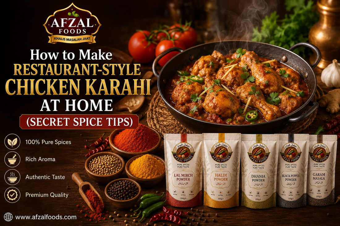 Restaurant-style chicken karahi prepared with premium Afzal Foods spices, served hot with fresh coriander, ginger, and green chilies.