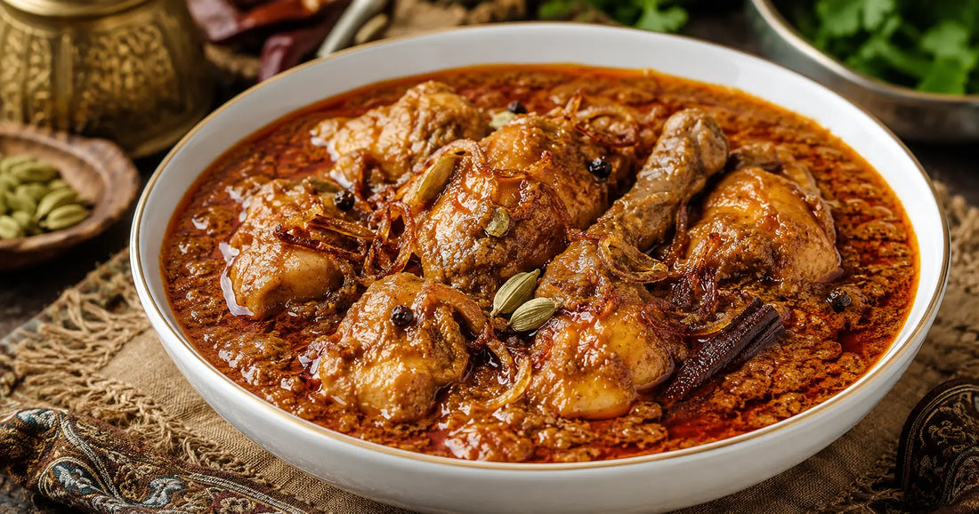     Traditional Pakistani chicken qorma with whole spices and browned onions