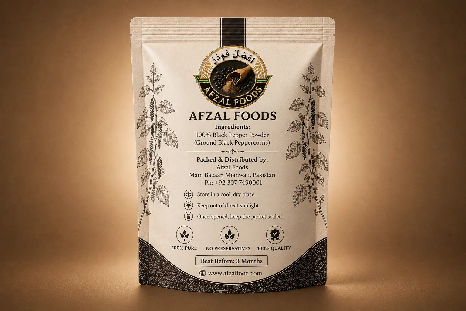 Back of Afzal Foods Black Pepper Powder packaging with ingredients, storage instructions and manufacturer information.