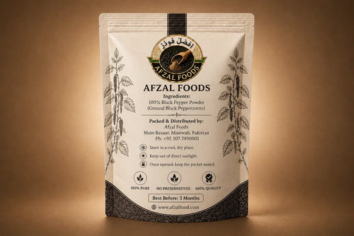 Back of Afzal Foods Black Pepper Powder packaging with ingredients, storage instructions and manufacturer information.