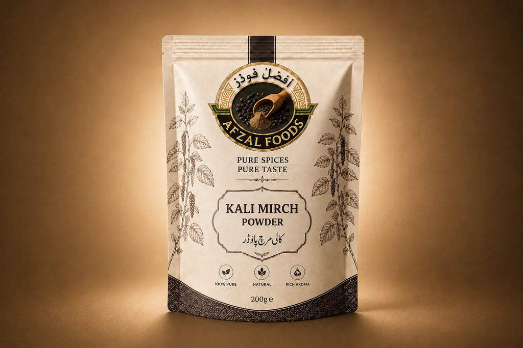 Afzal Foods 100% Pure Black Pepper Powder (Kali Mirch Powder) premium spice pouch packaging – finely ground black peppercorns.