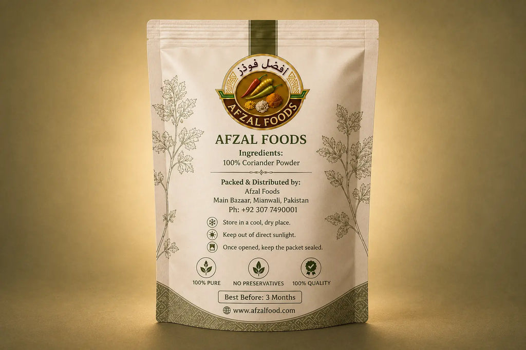 Back of Afzal Foods Coriander Powder packaging showing ingredients, storage instructions, manufacturer details and product information.