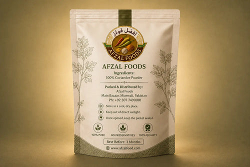 Back of Afzal Foods Coriander Powder packaging showing ingredients, storage instructions, manufacturer details and product information.