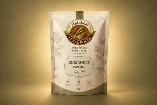Afzal Foods 100% Pure Coriander Powder (Dhania Powder) premium spice pouch packaging – natural ground coriander for Pakistani cooking.