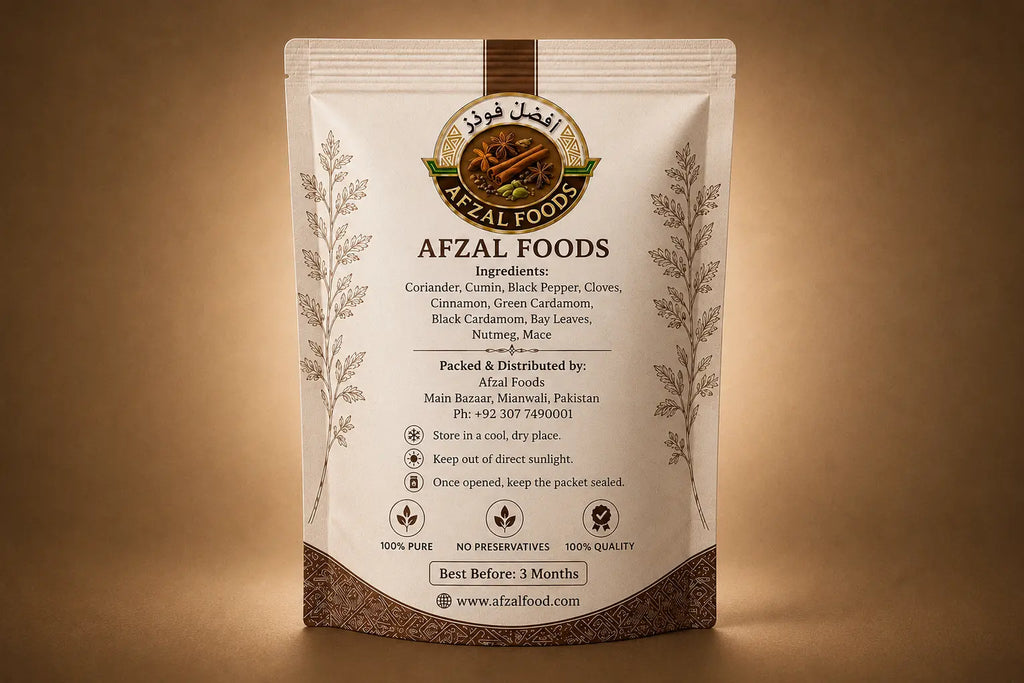 Back of Afzal Foods Garam Masala packaging showing ingredient list, storage instructions, manufacturer details and quality information.