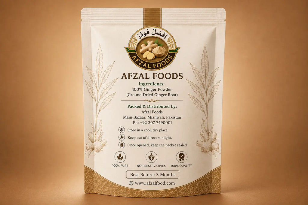 Back of Afzal Foods Ginger Powder packaging showing ingredients, storage instructions, manufacturer details and quality information.