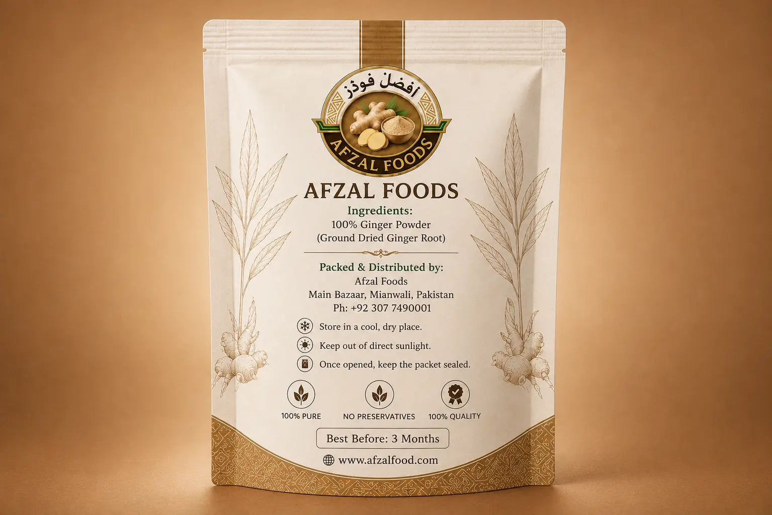 Back of Afzal Foods Ginger Powder packaging showing ingredients, storage instructions, manufacturer details and quality information.
