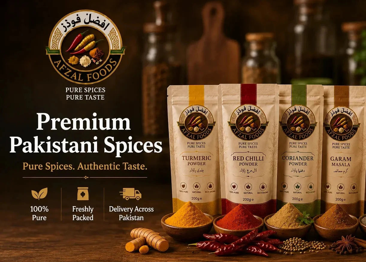 Six stand-up pouches of Afzal Foody Premium Pakistani Spices arranged on a wooden surface with small bowls of the spice powders in front. The background is dark and warm with blurred bottles and greenery, and large text on the left reads 'Premium Pakistani Spices' and 'Afzal Foody'.