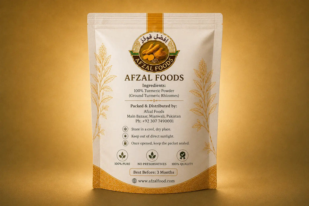 Back of Afzal Foods Turmeric Powder packaging with ingredients, storage instructions, contact details and product information.