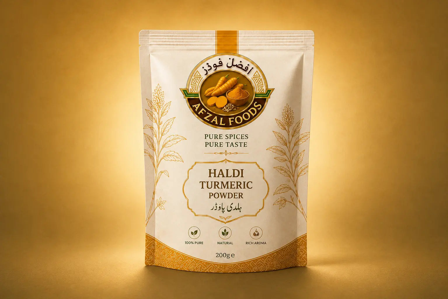 Afzal Foods 100% Pure Turmeric Powder (Haldi Powder) premium spice pouch packaging – natural ground turmeric for healthy cooking.
